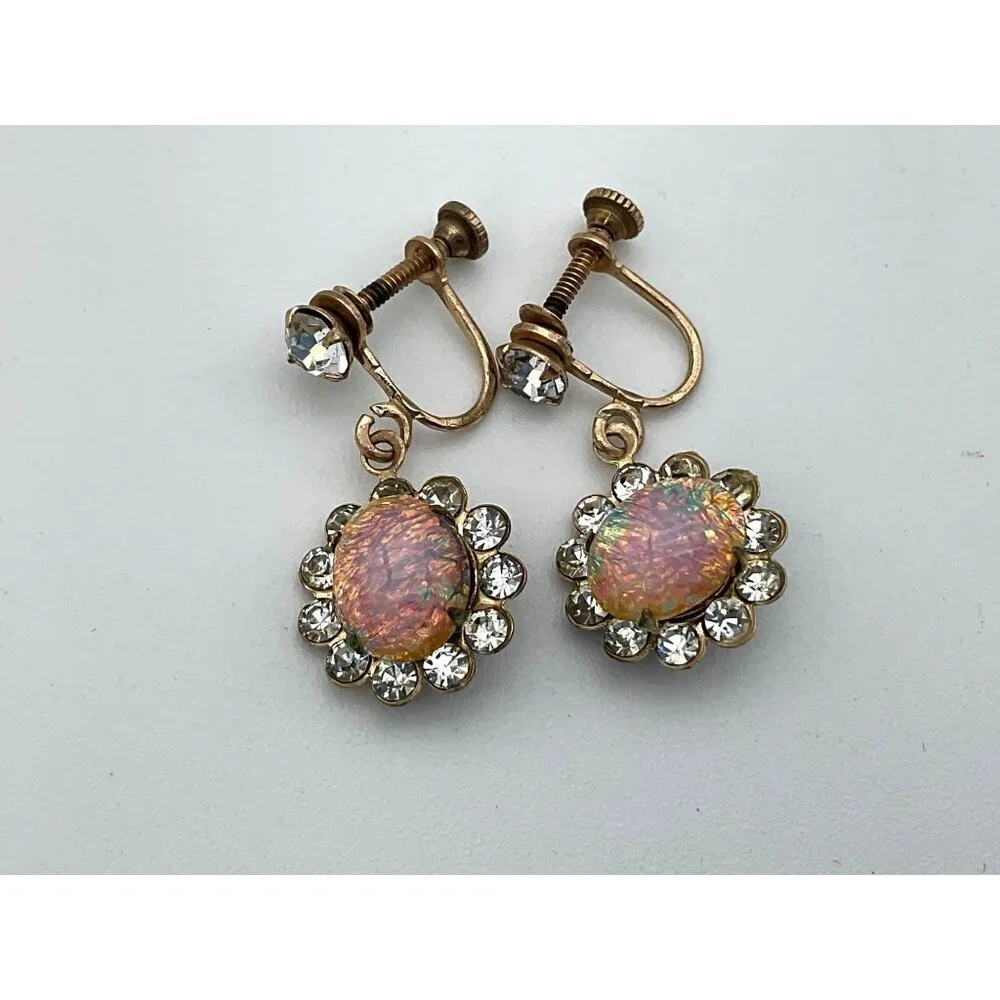 Vintage10K Gold Faux Fire Opal & Rhinestone Dangle Screw Back Earrings - Picture 1 of 4